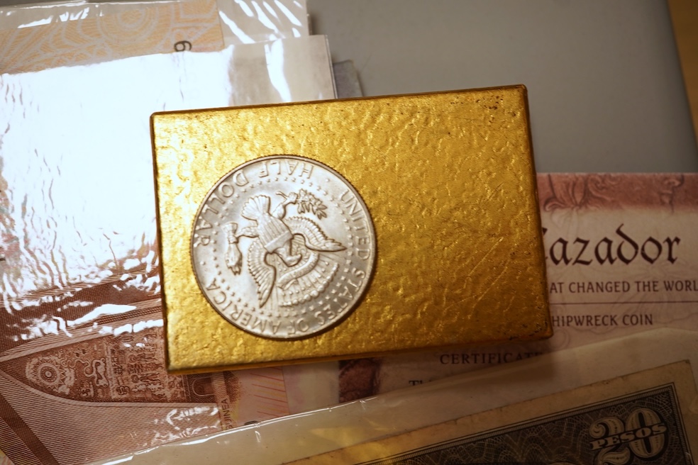 World and British coins, Fantasy Euro Coins 2005-2006, each piece uniface, struck on an oversized blank, Westminster mint; Shackleton silver coin cover, Brexit limited edition commemorative silver coin cover, Bird life o